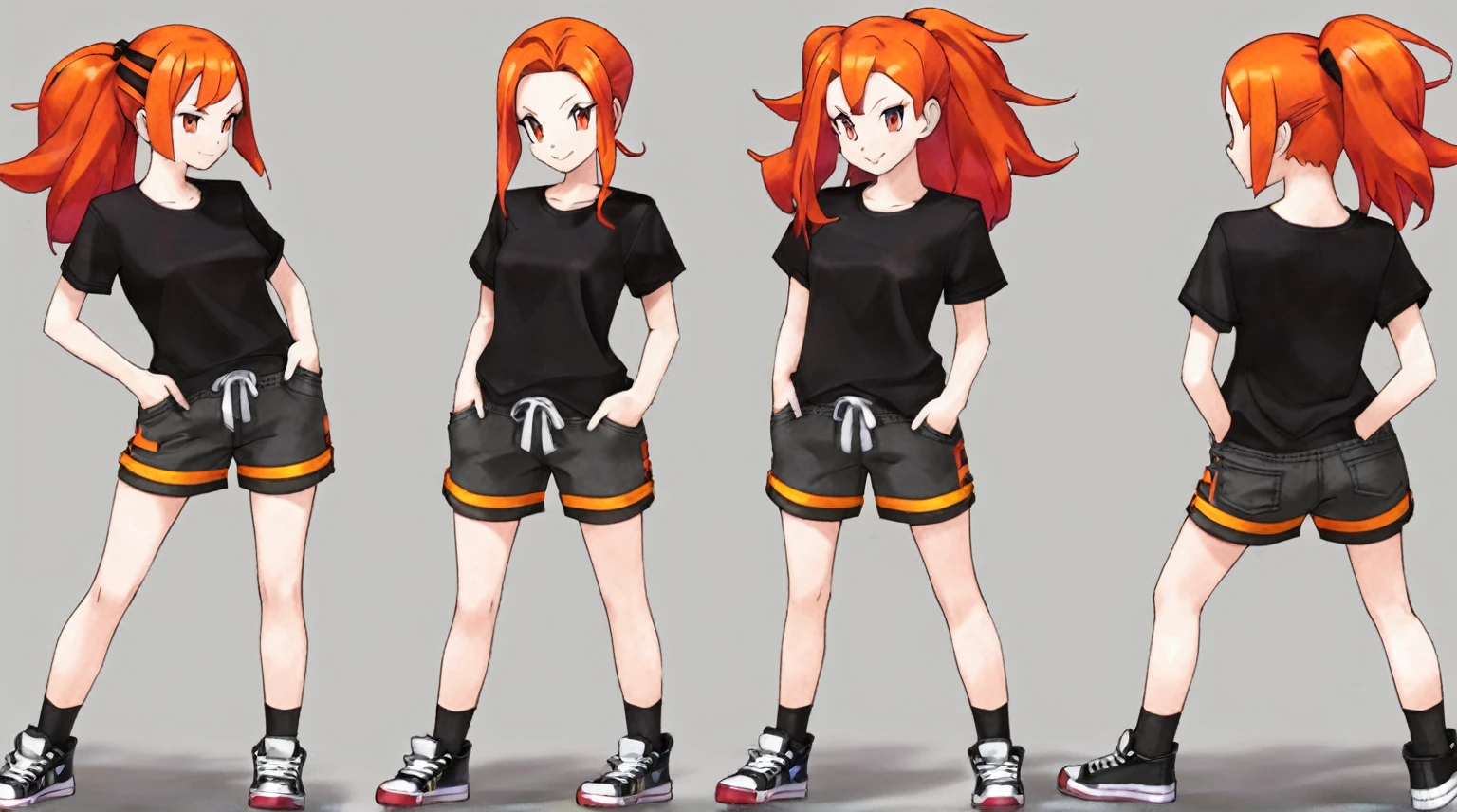 a girl fire type pokemon trainer with red hair black shirt orange shorts black sneakers