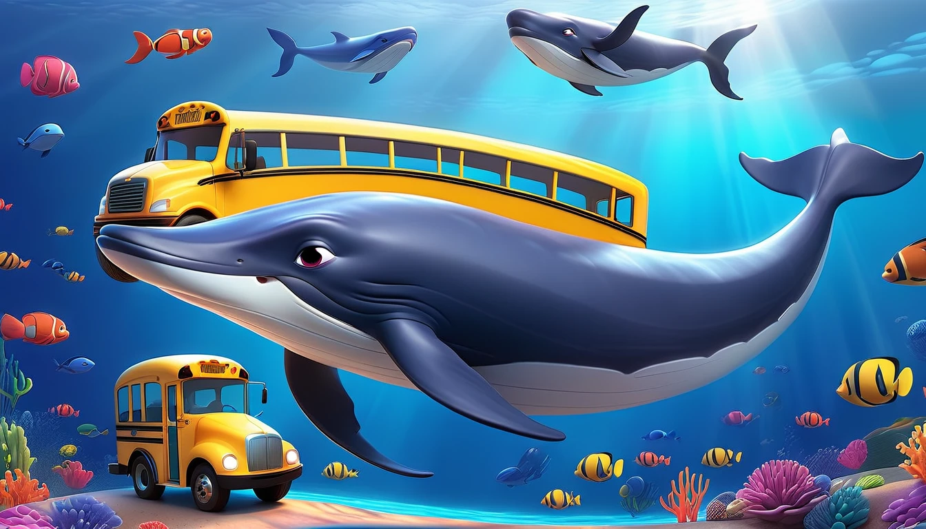 Create a 3-D Pixar style art scene for kids featuring a blue whale swimming beside three school buses for size comparison. The scene should be colorful and vibrant, with an ocean background, coral reefs, and schools of fish. The overall mood should be engaging and inviting for young children.
