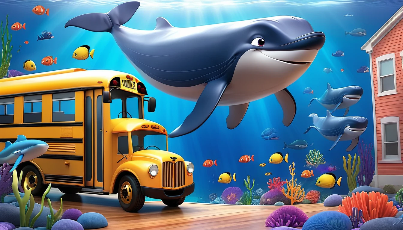 Create a 3-D Pixar style art scene for kids featuring a blue whale swimming beside three school buses for size comparison. The scene should be colorful and vibrant, with an ocean background, coral reefs, and schools of fish. The overall mood should be engaging and inviting for young children.