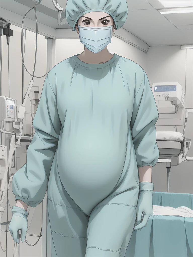 masterpiece, highest quality, slightly oblique view, (RAW photo, best quality), 1girl, pale skin, shy eyes, big breasts, pregnant, natural lighting, solo, upper body, hospital, in the operating room, surgical bet,
ray kasugano, pregnant with big belly, labcoat, (give a score of 9_give a score of 8_give a score of 7) long sleeve surgical gown, surgical cap, cover ears, surgical mask, surgical gloves,