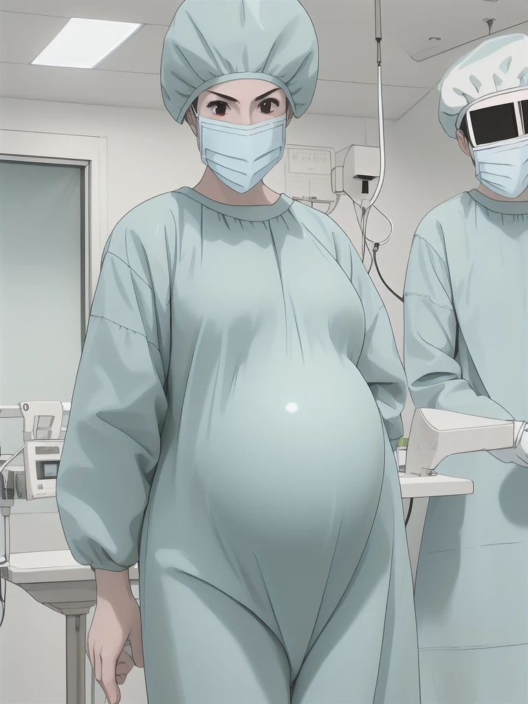 masterpiece, highest quality, slightly oblique view, (RAW photo, best quality), 1girl, pale skin, shy eyes, big breasts, pregnant, natural lighting, solo, upper body, hospital, in the operating room, surgical bet,
ray kasugano, pregnant with big belly, labcoat, (give a score of 9_give a score of 8_give a score of 7) long sleeve surgical gown, surgical cap, cover ears, surgical mask, surgical gloves, 