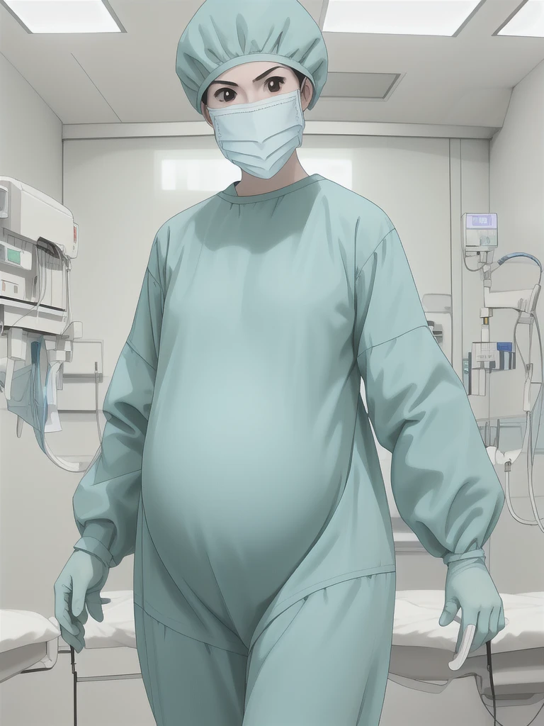 masterpiece, highest quality, slightly oblique view, (RAW photo, best quality), 1girl, pale skin, shy eyes, big breasts, pregnant, natural lighting, solo, upper body, hospital, in the operating room, surgical bet,
ray kasugano, pregnant with big belly, labcoat, (give a score of 9_give a score of 8_give a score of 7) long sleeve surgical gown, surgical cap, cover ears, surgical mask, surgical gloves, 