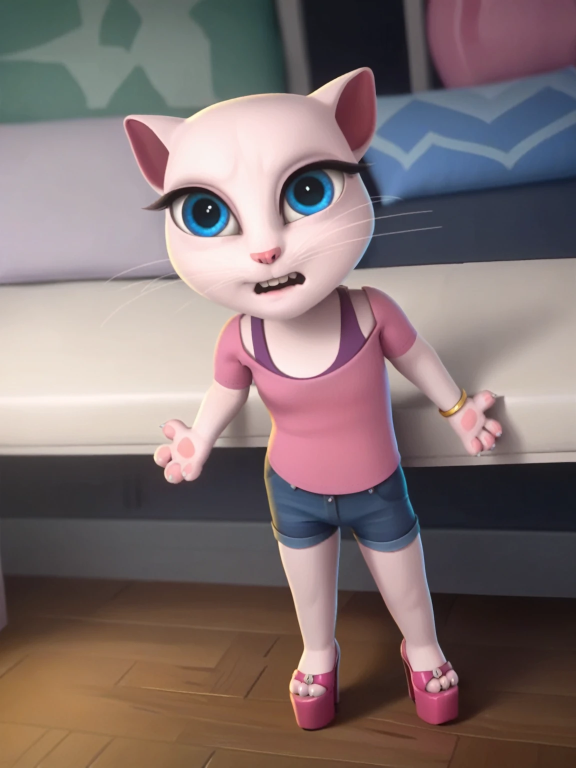 solo focus, a_la, 1girl, cat, white fur, long whiskers on both sides of face, big bright blue eyes, big black eyelashes, small pink nose, triangular ears with pink ducts, small breasts, looking at viewer, sitting raped pulling down short jeans, front view, fucking with legs together, platform high heels, score_9, score_8_up, score_7_up