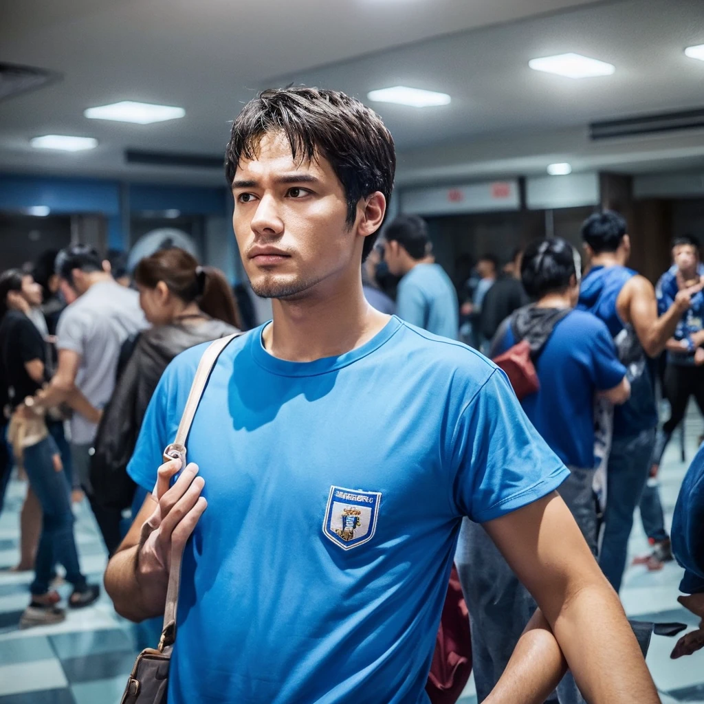 A detailed digital painting of a man representing the MBTI Consul (ESFJ) type. He is wearing a blue outfit, symbolizing his sociable and caring nature. The man has a troubled expression, showing signs of stress or concern. The background should be subtle, focusing on his emotional state. Include elements that indicate he is overwhelmed by social expectations or the needs of others, such as a crowded room or people seeking his help.