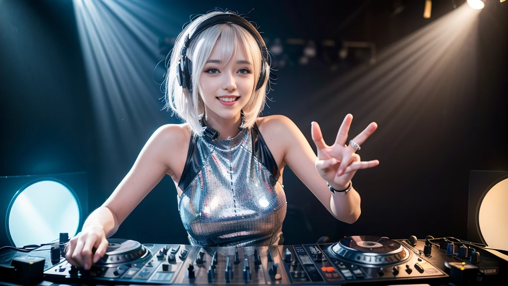 (ultra - detailed, 16K resolution, Cinema lenses, rendering by octane), (high resolution:1.18), intricate detail, (masterpiece:1.1), (highest quality:1.1), (1girl, portrait, white hair, blue eyes, short hair, detailed eyes),Wearing silver DJ headphones, Shiny silver sequined T-shirt, (Iconic hip-hop pop costumes:1.3), Smile while DJing on stage, full body shot of, The spotlight shines on the female DJ. Photorealistic photography by Disco Lighting, (cute round face:1.3), perfect fingers, five fingers, beautiful hands, perfect hands. master peace, cute smile.