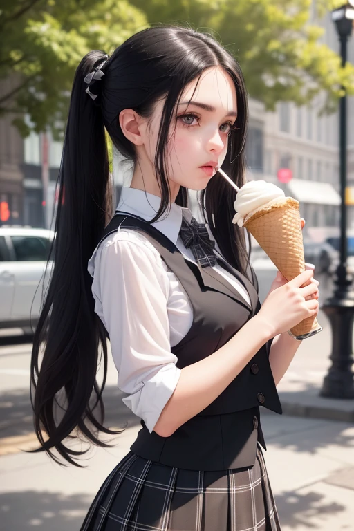 a slender young woman with long black hair styled in twintails, fair skin, striking features, intense dark eyes, white blouse, black vest, plaid hip skirt (school uniform), eating ice cream cone in the park, spills it on shirt, confused expression, hyperrealistic, 4k, 8k, highres, masterpiece, ultra-detailed, realistic, photorealistic, photo-realistic, HDR, UHD, studio lighting, ultra-fine painting, sharp focus, physically-based rendering, extreme detail description, professional, vivid colors, bokeh, portraits, photography