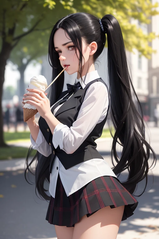 a slender young woman with long black hair styled in twintails, fair skin, striking features, intense dark eyes, white blouse, black vest, plaid hip skirt (school uniform), eating ice cream cone in the park, spills it on shirt, confused expression, hyperrealistic, 4k, 8k, highres, masterpiece, ultra-detailed, realistic, photorealistic, photo-realistic, HDR, UHD, studio lighting, ultra-fine painting, sharp focus, physically-based rendering, extreme detail description, professional, vivid colors, bokeh, portraits, photography