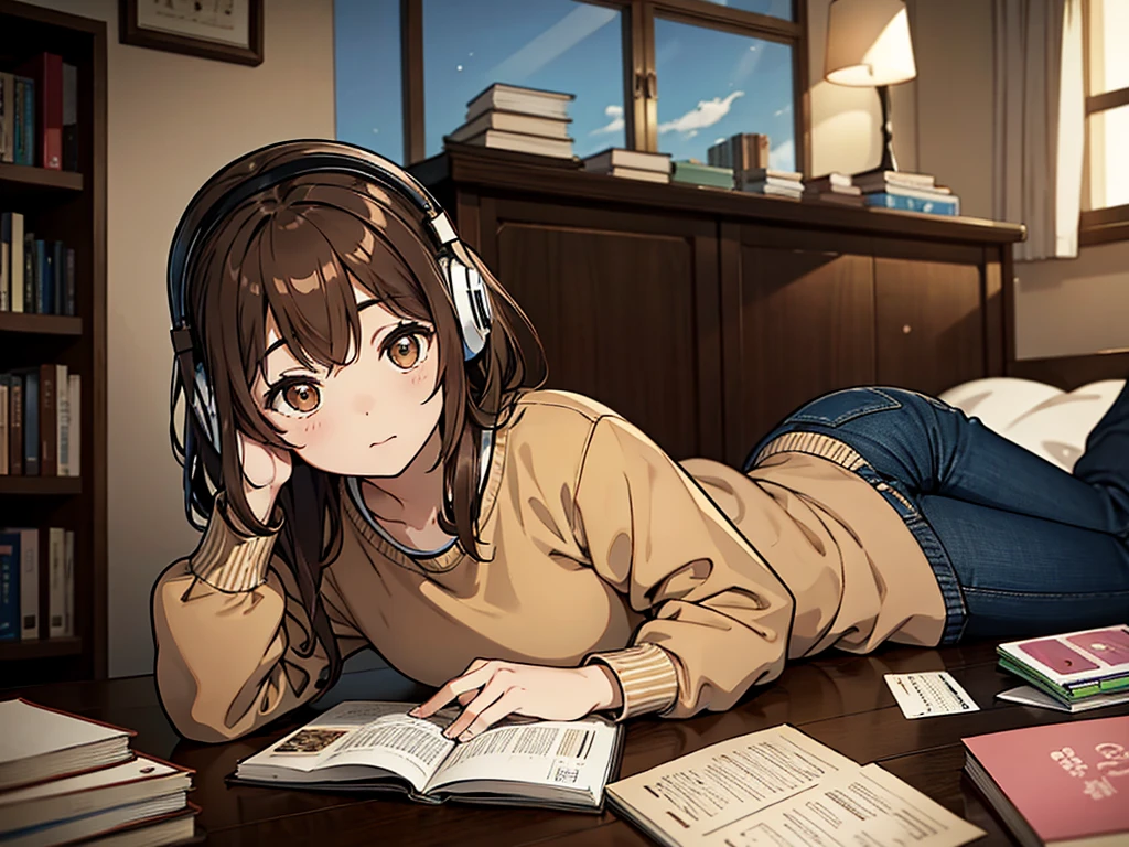 Sakura Chihiro has brown hair and brown eyes. She wears a brown sweatshirt and blue pants. With headphones on, she is lying on the bed in her room, listening to music while the window is open. In front of her, a computer where she is writing on a card. The room is decorated with books and other items typical of a teenager. Sakura is looking at her notebook while working.