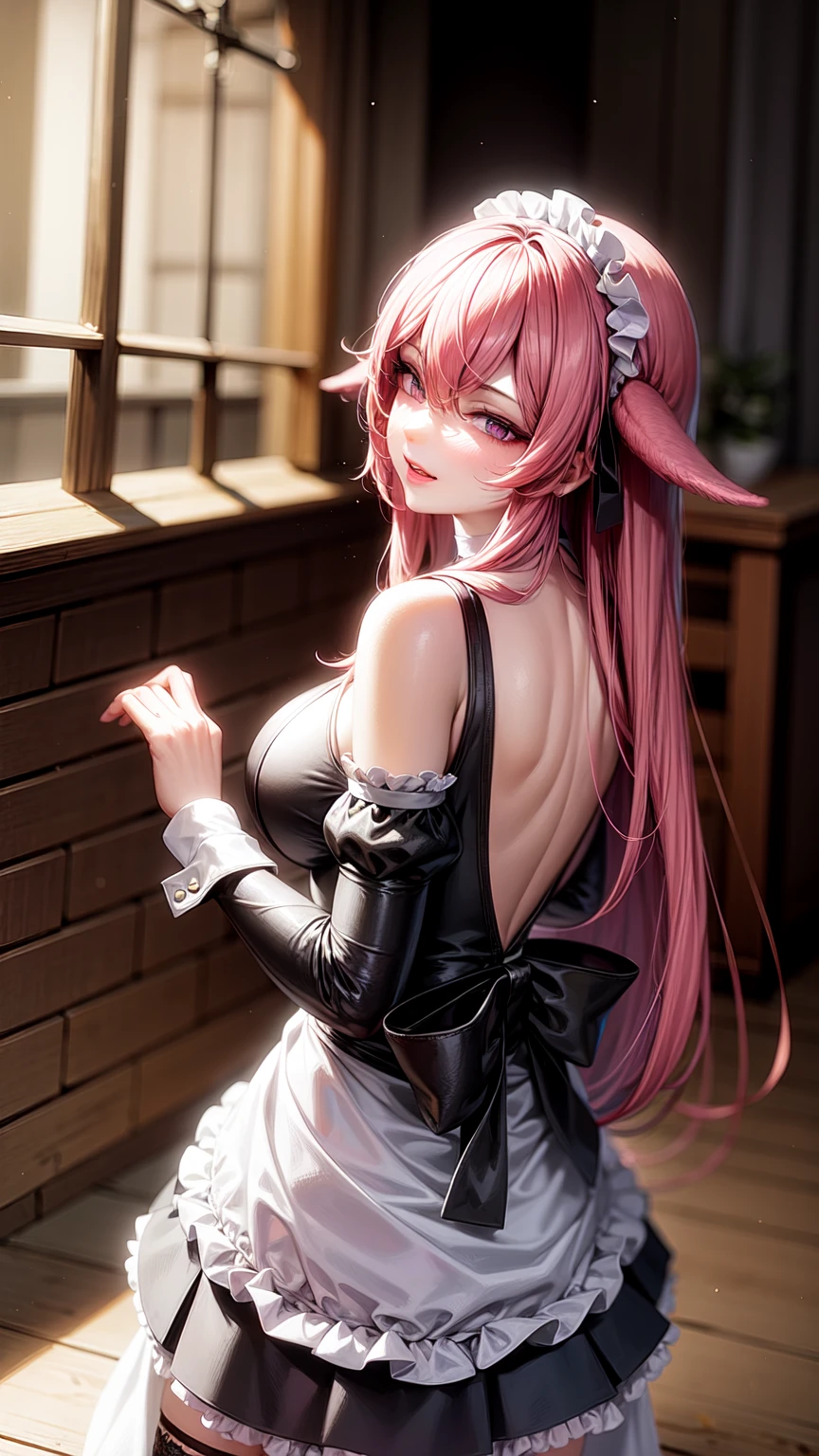 purple eyes,maid,maid,pantimedias,pink hair