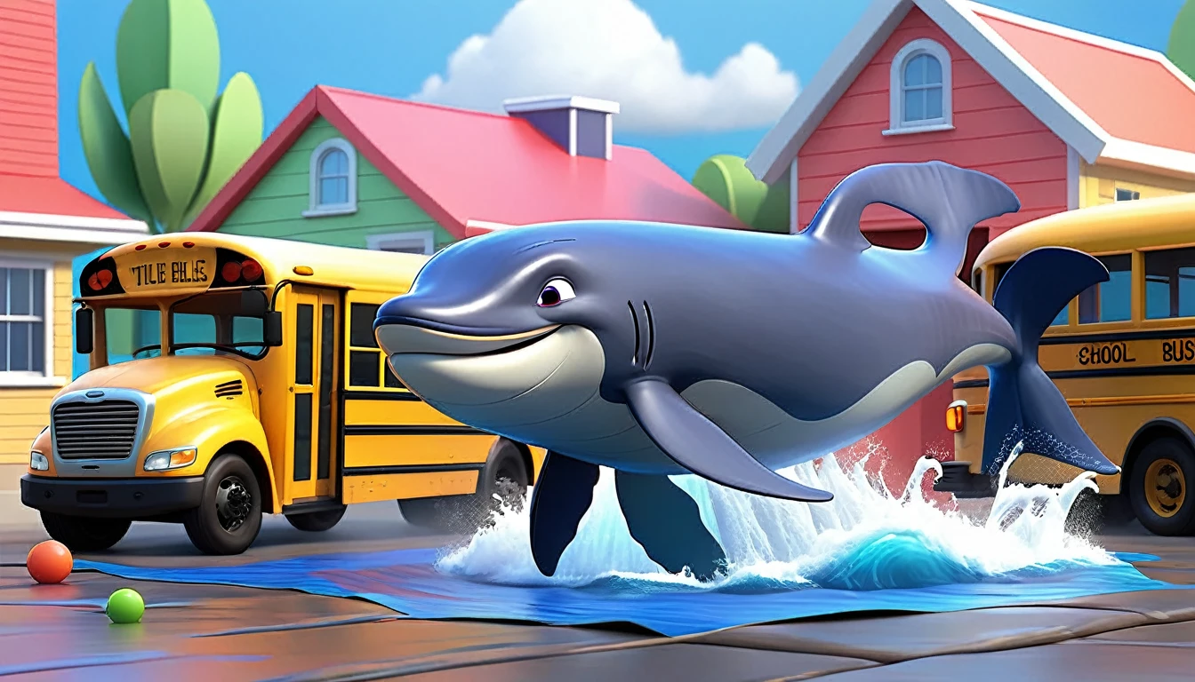 Create a 3-D Pixar style art scene for kids featuring a blue whale swimming beside three school buses for size comparison. The scene should be colorful and vibrant, with an ocean background, coral reefs, and schools of fish. The overall mood should be engaging and inviting for young children.