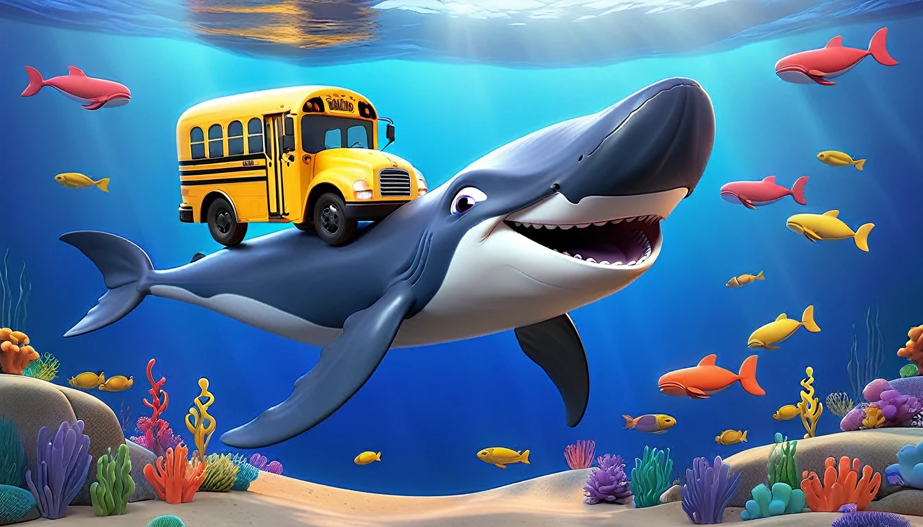 Create a 3-D Pixar style art scene for kids featuring a blue whale swimming beside three school buses for size comparison. The scene should be colorful and vibrant, with an ocean background, coral reefs, and schools of fish. The overall mood should be engaging and inviting for young children.
