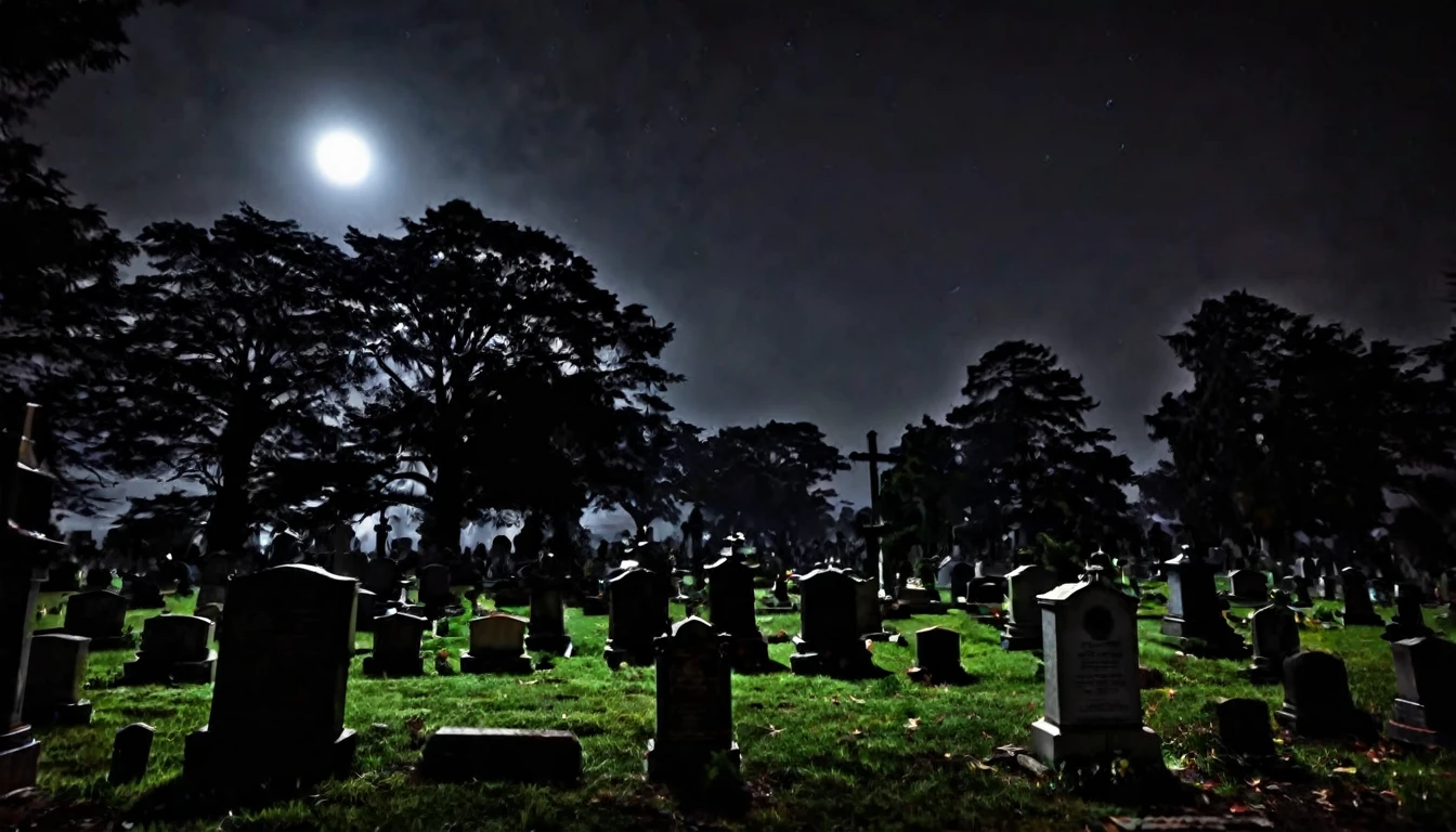 inside the cemetery, dark, sinister, macabre night