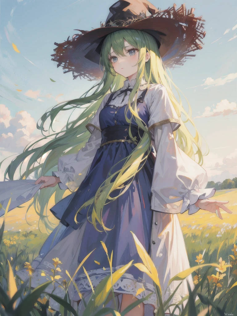 an oil painting of a feminine person in a field, standing near tall grass, 1girl, hat, solo, long hair