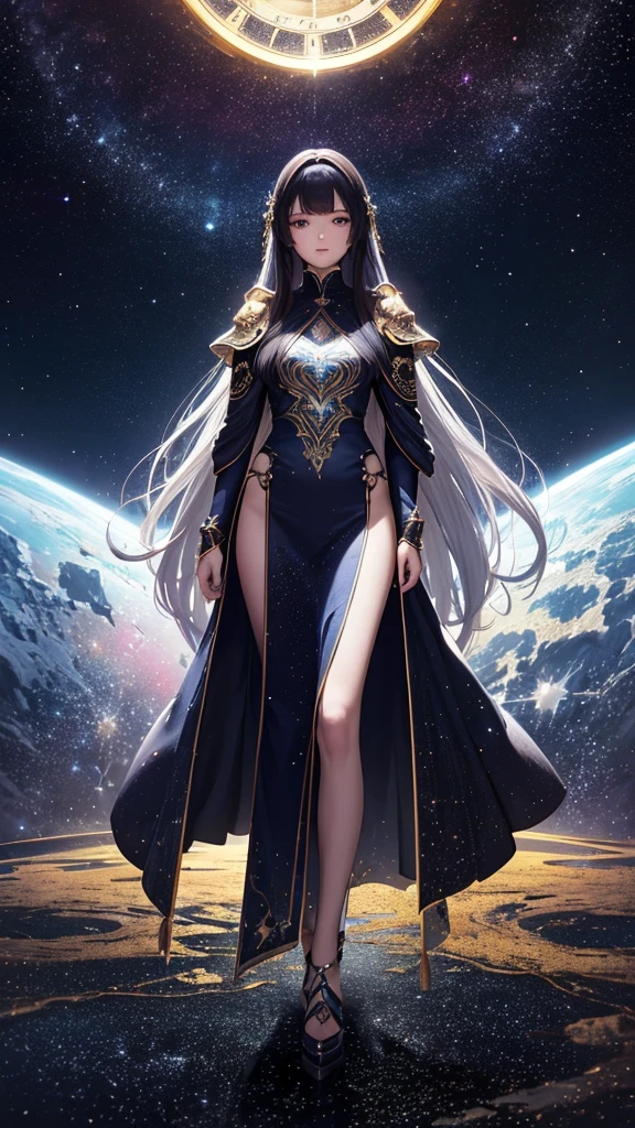 masterpiece,best quality,Ultra-high detail,Clear outlines,Outer Space,Star,Clock background,25 year old oriental beauty,long hair shawl,Light Armor,Walk through the stars