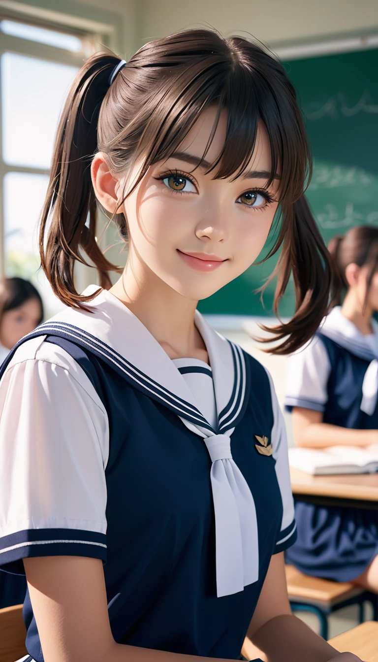 (masterpiece, best quality:1.2), 8k, official art, raw photo, incredibly absurdres, (sailor uniform, serafuku:1.0), 15 years old,highschool student,beautiful girl, pretty face,, short sleeve, gardenia, violaceaess, (short ponytails:1.3),teen, classroom, looking at viewer, no makeup, film grain, chromatic aberration, sharp focus, facelight, dynamic lighting, cinematic lighting, detailed eyes and face, bokeh background,(cowboyshot:1.3),(small brests:1.2),(skinny:1.2),(smile:1.2),(school swimsuit:1.0),(:1.0),(show :1.4),(:1.6),(fullbody:1.3),