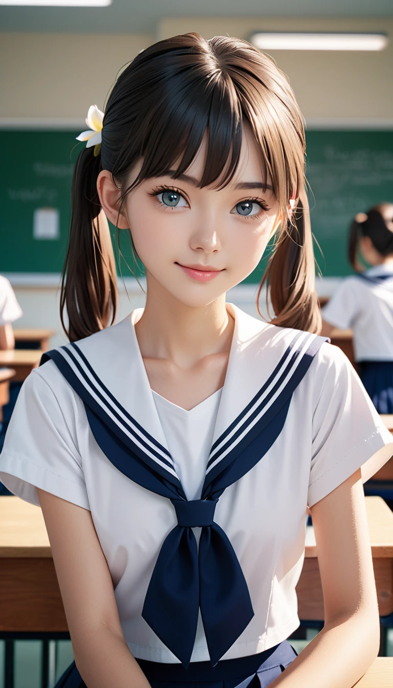 (masterpiece, best quality:1.2), 8k, official art, raw photo, incredibly absurdres, (sailor uniform, serafuku:1.0), ,highschool student,beautiful girl, pretty face,, short sleeve, gardenia, violaceaess, (short ponytails:1.3),teen, classr looking at viewer, no makeup, film grain, chromatic aberration, sharp focus, facelight, dynamic lighting, cinematic lighting, detailed eyes and face, bokeh background,(cowboyshot:1.3),(small brests:1.2),(skinny:1.2),(smile:1.2),(school swimsuit:1.0),(fullnude:1.0),(show pussy:1.4),(bottomless:1.6),(fullbody:1.3),