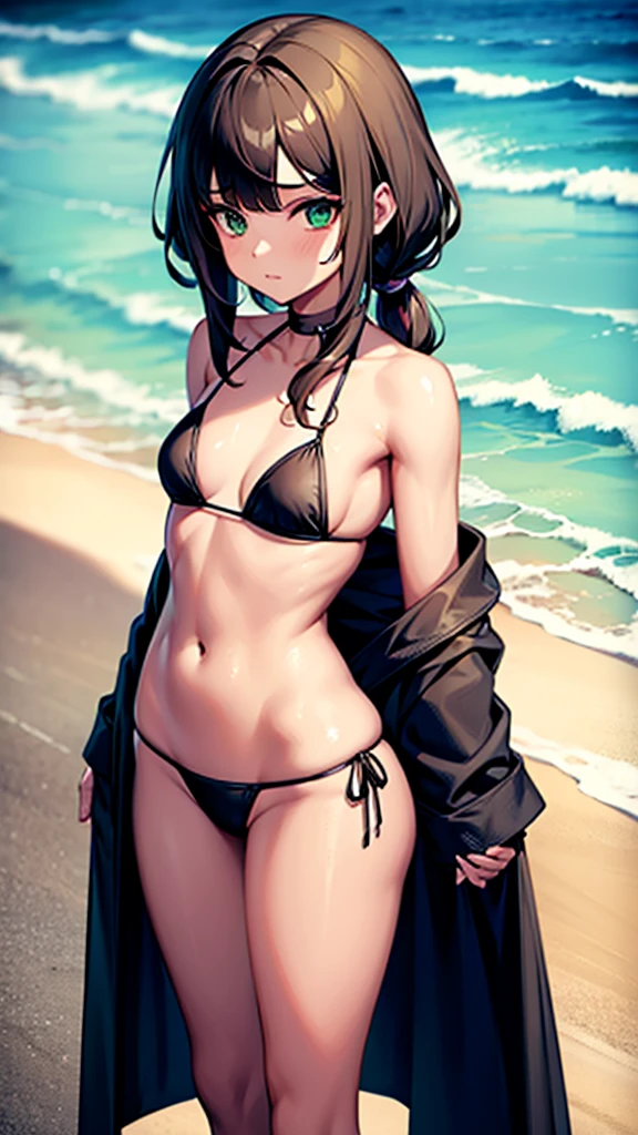 Cute male. Feminine male. Green eyes. Brown hair. Wavy hair. Shoulder-length hair. Male wearing black bikini. Short. Patite. Lean. Curvy body. Bulged croch. Tan skin. At the beach.