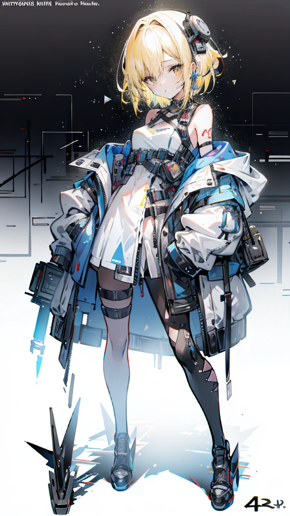 1 girl, short yellow hair, cyberpunk, Alice in Wonderland, black high heels, hand in pocket, best quality, 4k, 8k, highres, masterpiece:1.2, ultra-detailed, realistic, photorealistic, photo-realistic:1.37, HDR, UHD, studio lighting, ultra-fine painting, sharp focus, physically-based rendering, extreme detail description, professional, vivid colors, bokeh, concept art