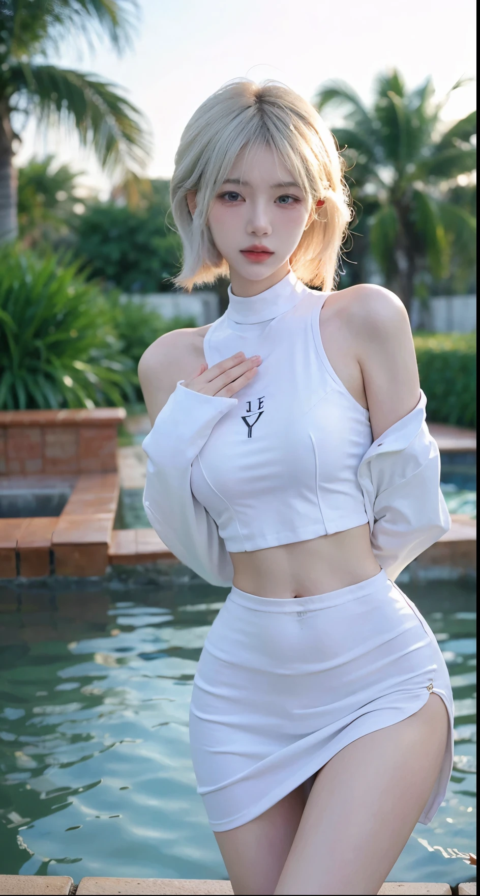 Beautiful woman with perfect figure:1.4,Swimming background,Desert Background,Ultra-high resolution,Seductive laughter,wear glasses,White legs,(lifelike:1.4),Layered Hairstyle,White skin,Black mini pleated skirt,whole body,Very delicate face and skin texture,Double eyelids,Skin Whitening,Long hair,White hair,White,