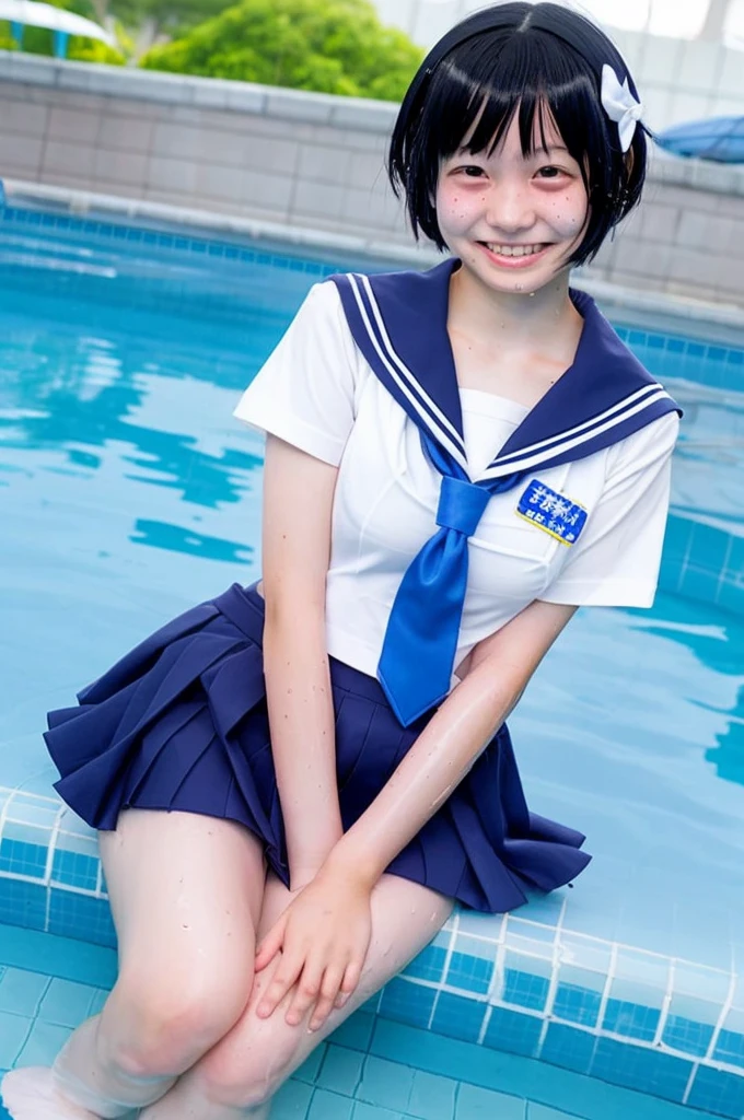 apanese、junior High School girls、1 person, 15 years old、Sailor Mercury、A cosplay that is heavy wet and slightly transparent、Wet sky blue short hair、 Wet arms、Wet legs、Wet Face、smile、pose、Highest quality, wet poolside, big tits