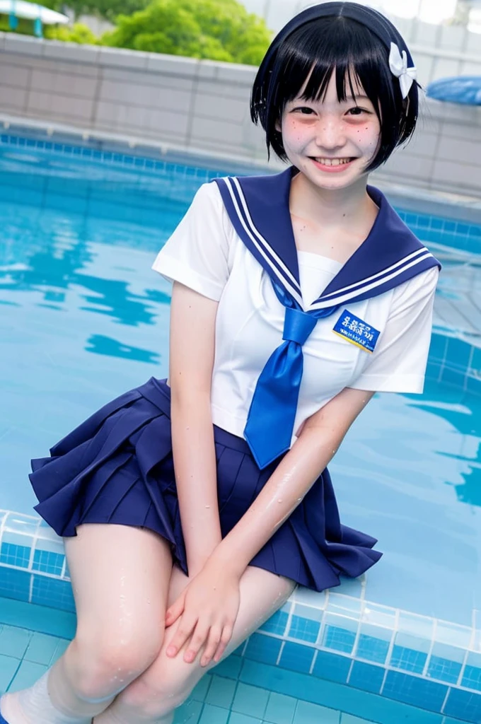 apanese、 High School、1 person, 15 years oldury、A cosplay that is heavy wet and slightly transparent、Wet sky blue short hair、 Wet arms、Wet legs、Wet Face、smile、pose、Highest quality, wet poolside, big tits