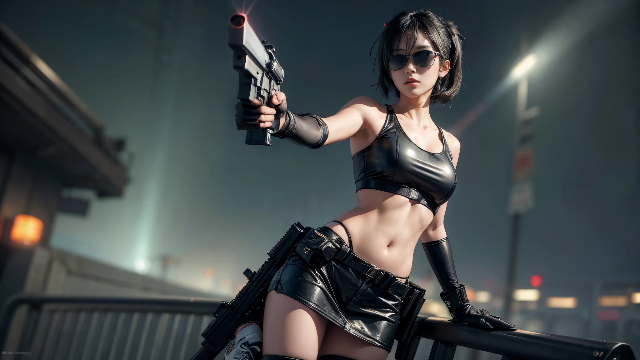8k, Realistic Skin Texture, Realistic Photo, Neo Tokyo, slim Japanese women, large-breast:1.3 cleavage, AD2050 at night, Dirty hunting jacket, Wearing tube top, miniskirt, (((black sunglasses, automatic rifle, sneakers, cold, shooting pose, low angle view))), Innovative composition, revenge, cyberpunk, blade runner worldview, Large neon sign, Geisha hologram sign, Strong Wakamoto Sign.