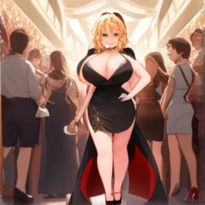 Ryouna_(Senran Kagura), heterchromia, beautiful girl with fair skin, blonde hair, wearing a lustrous black dress that highlights her wide hips, wide shoulders, and big breasts, cleavage, and big ass. She is wearing open-toe heels with red painted toenails and nails. She is a tall girl standing in a crowd, with an ethereal, score_10, ballad-like atmosphere, in a 2.5D style.