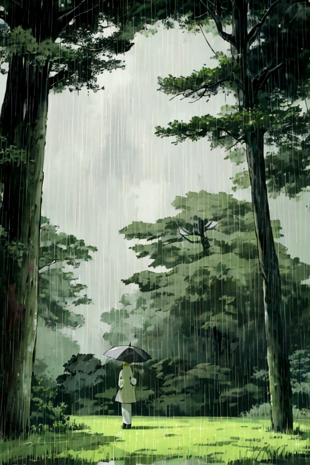 rain is dripping。The grass and trees are swaying。No one in sight。