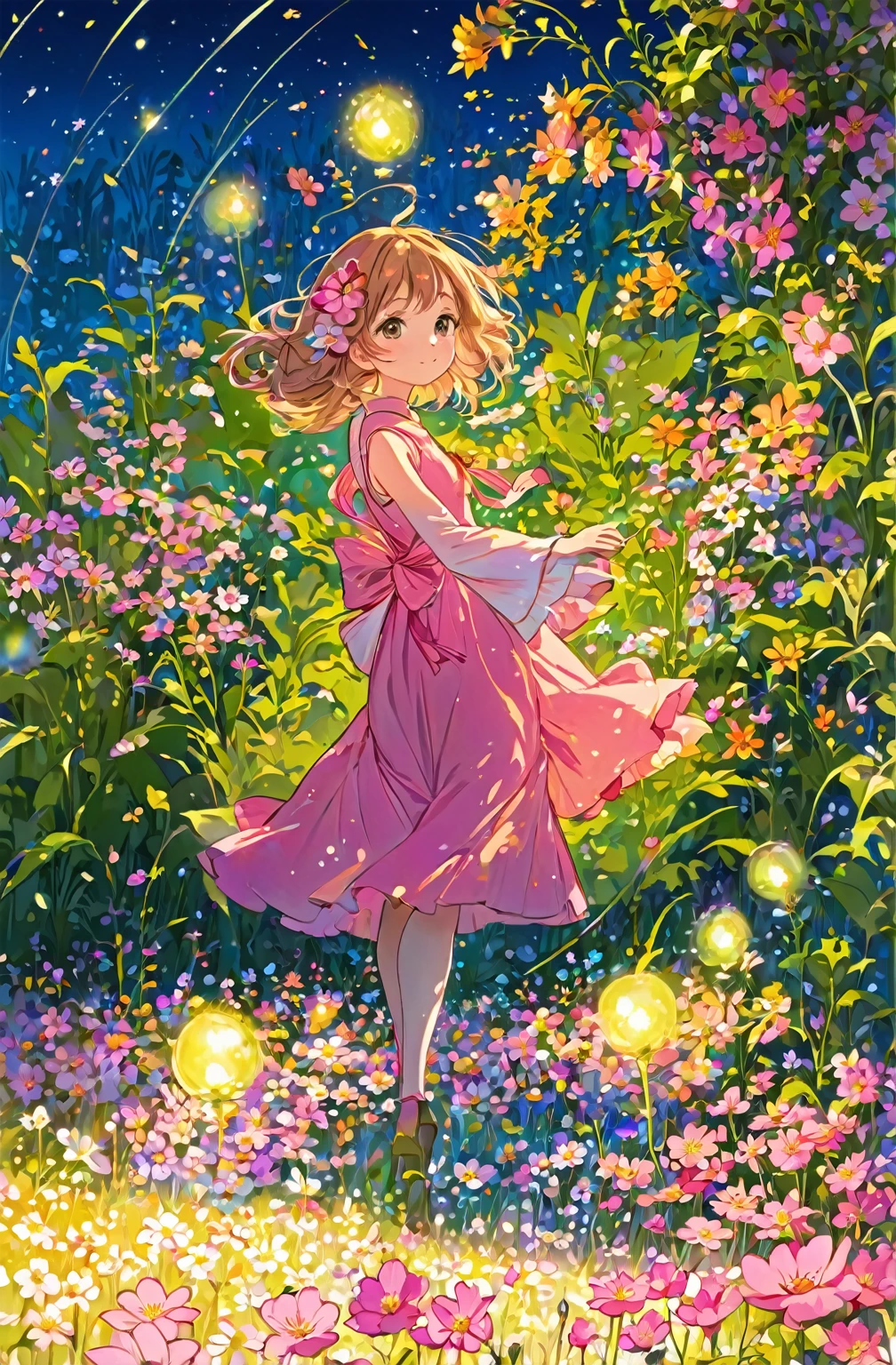 anime girl in a pink dress standing in a field of flowers, beautiful anime artwork, beautiful anime art, girl dancing in a flower field, she is the center of the garden, lady with glowing flowers dress, by Eizan Kikukawa, girl in flowers, in style of kyoto animation, a beautiful artwork illustration, in dress