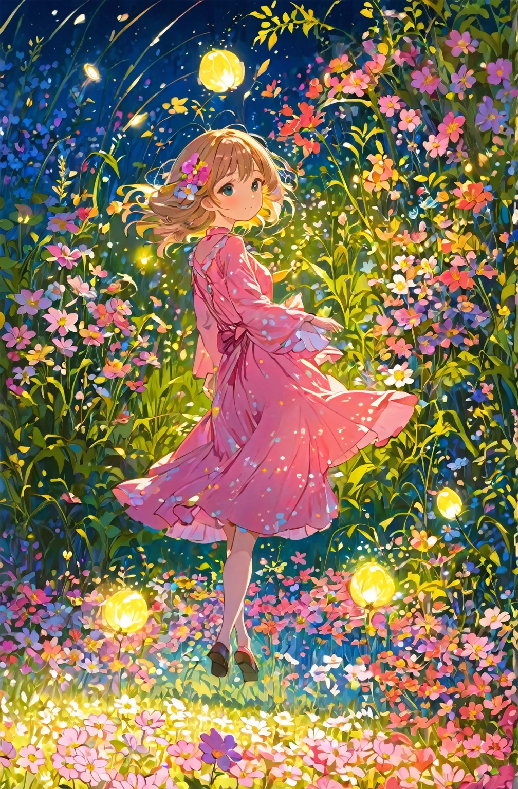 anime girl in a pink dress standing in a field of flowers, beautiful anime artwork, beautiful anime art, girl dancing in a flower field, she is the center of the garden, lady with glowing flowers dress, by Eizan Kikukawa, girl in flowers, in style of kyoto animation, a beautiful artwork illustration,  in dress