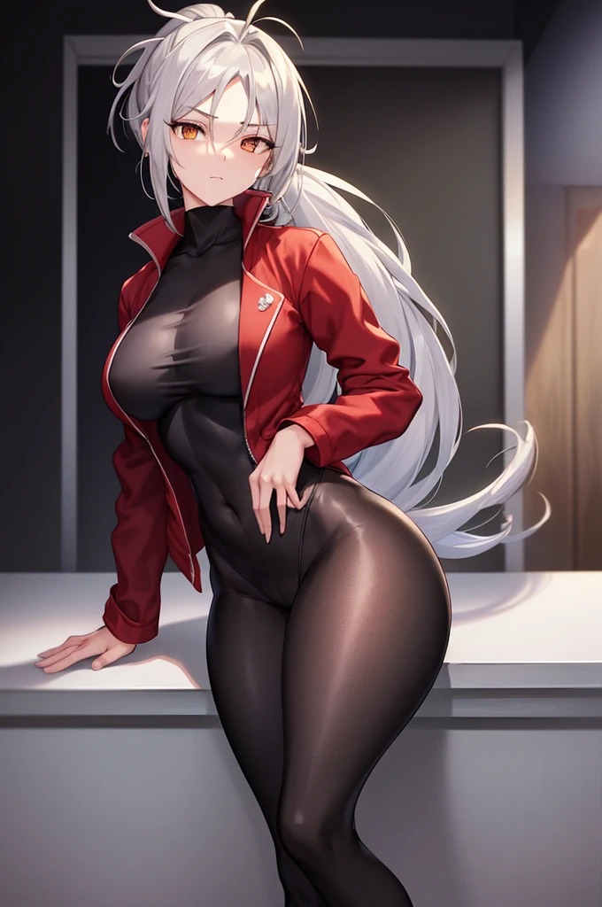 Tall, slim, She has long grey hair tied back in an enormous, messy ponytail that reaches down to her thighs, hair covering one eye, she wears a red jacket, wearing a black full-body suit, golden eyes, angle from below, laboratory background, wide hips, resting on a table, fit, close up