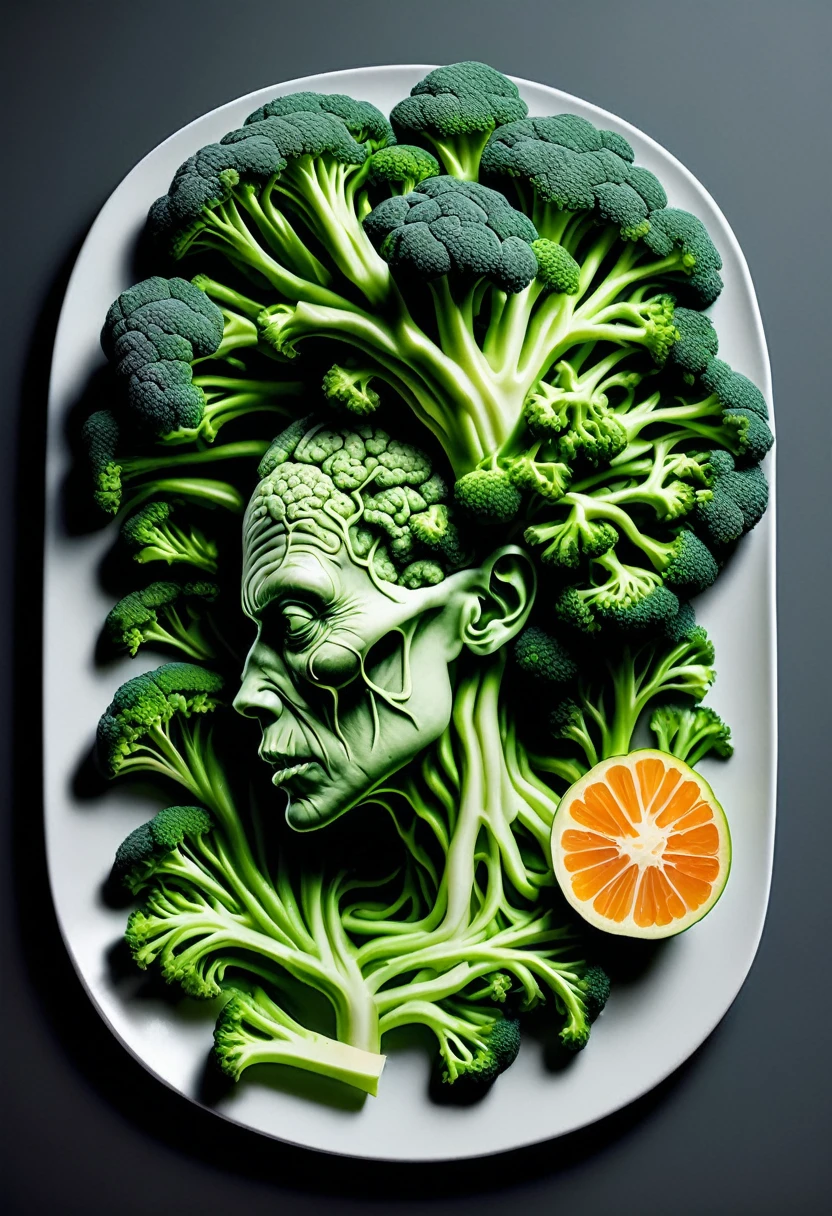 A female zombie eats broccoli, brain-shaped broccoli, brccl, ral-braynclz, very detailed,  hyperrealistic 