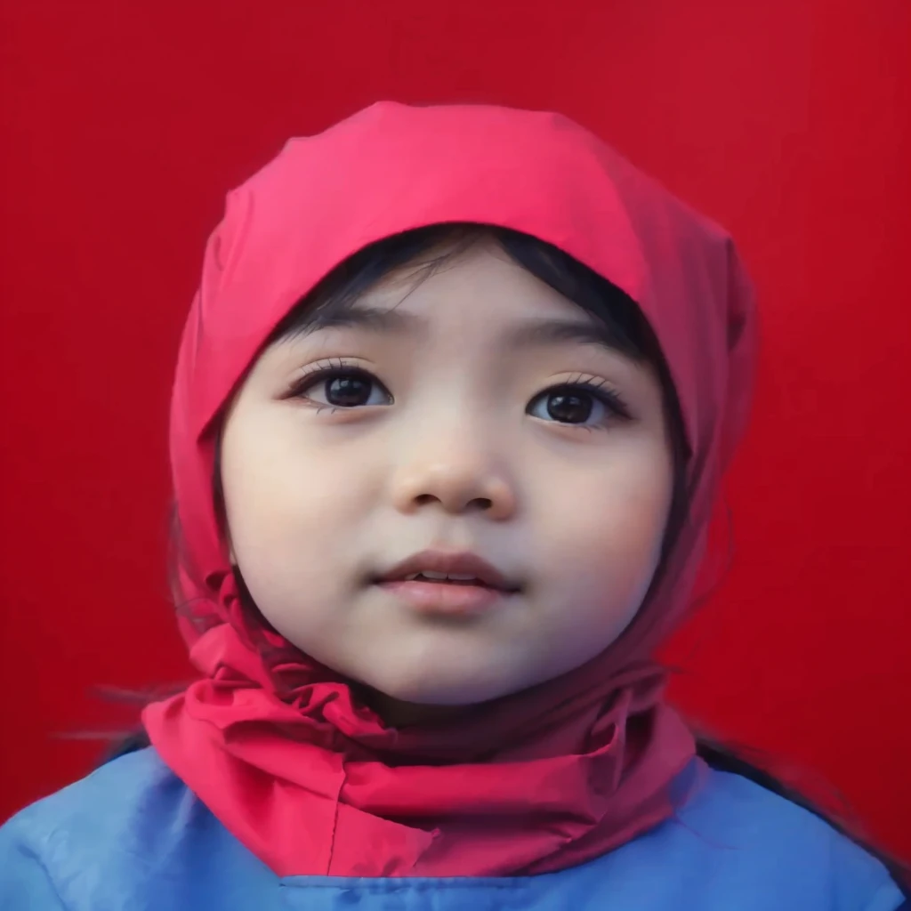 portrait of a little Asian girl wearing a red hijab, blue clothes