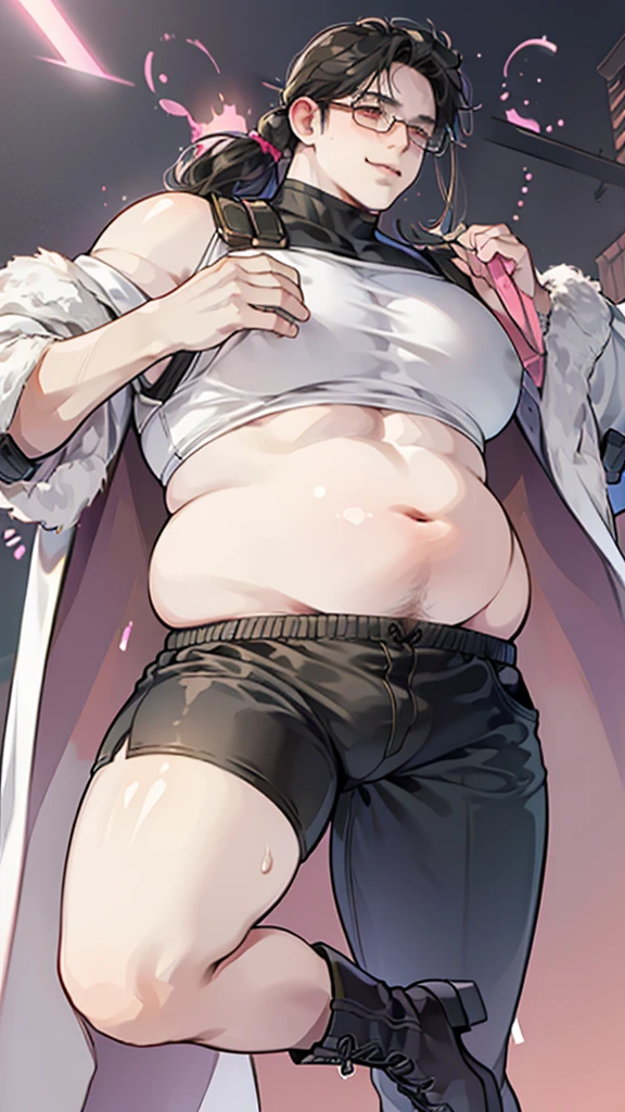 ( High quality , ultra detailed, careful with hand ), solo male, fat male, round belly, fat belly, large belly, ((tight shorts)), bulge, blushing, heart eyes, dark hair, sci-fi, cyberpunk clothes, jacket, medium length hair, arch bangs, male with fat ass and big thighs, belly focus, happy trail, moobs, round glasses, wobbly smile, possessive expression, pretty boy, chubby male, boots, exposed thighs, exposed belly, neon pink highlights, sweating, implied obsession, male yandere tag, pixiv, weight gain commission, male weight gain, fat fetish commission, deviantart, belly kink, anime style, weight gain on thighs and ass but mostly belly, ((large round fat belly)), shoulder length hair