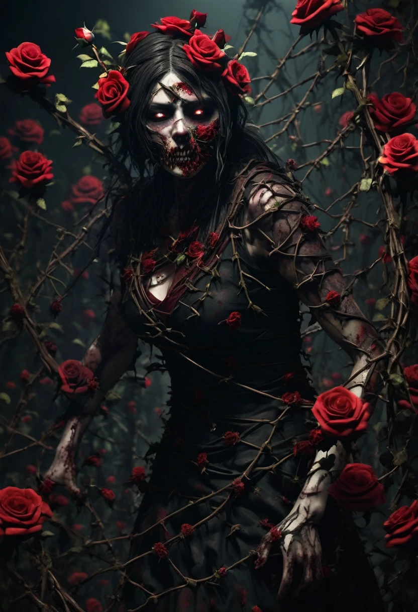 Female zombie covered in thorny rose vines、The thorns of the roses tore at my skin.、Struggling female zombie、Dark and gritty、Horror、Gothic、