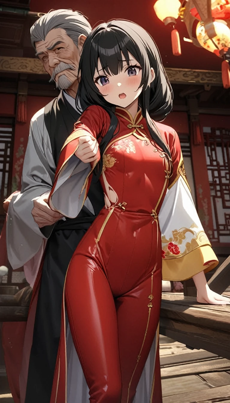 A tragic historical drama in 8k live-action style: Beautiful palace secrets　Beautiful 10 year old Chinese Kung Fu girl princess with short black hair　Gorgeous embroidery, Ultra glossy, The shiny red long-sleeved floral kung fu suit she is wearing is forcibly torn apart by the old man&#39;s hands.