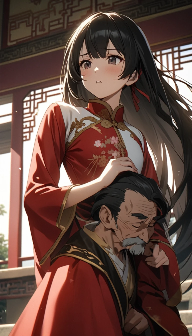 A tragic historical drama in 8k live-action style: Beautiful palace secrets　Beautiful  Chinese Kung Fu girl princess with short black hair　Gorgeous embroidery, Ultra glossy, The shiny red long-sleeved floral kung fu suit she is wearing is forcibly torn apart by the old man&#39;s hands.