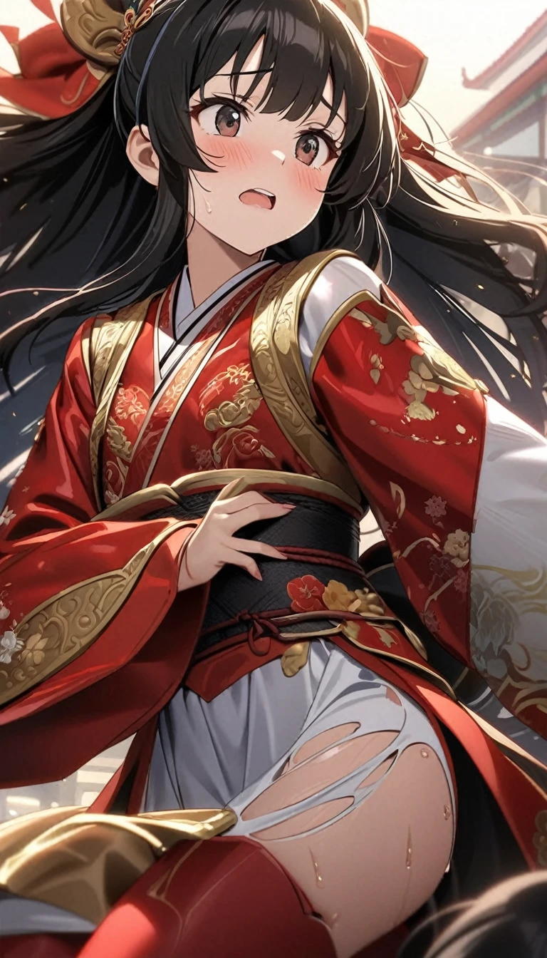 A tragic historical drama in 8k live-action style: Beautiful palace secrets　Beautiful  Chinese Kung Fu girl princess with short black hair　Gorgeous embroidery, Ultra glossy, The shiny red long-sleeved floral kung fu suit she is wearing is forcibly torn apart by the old man&#39;s hands.