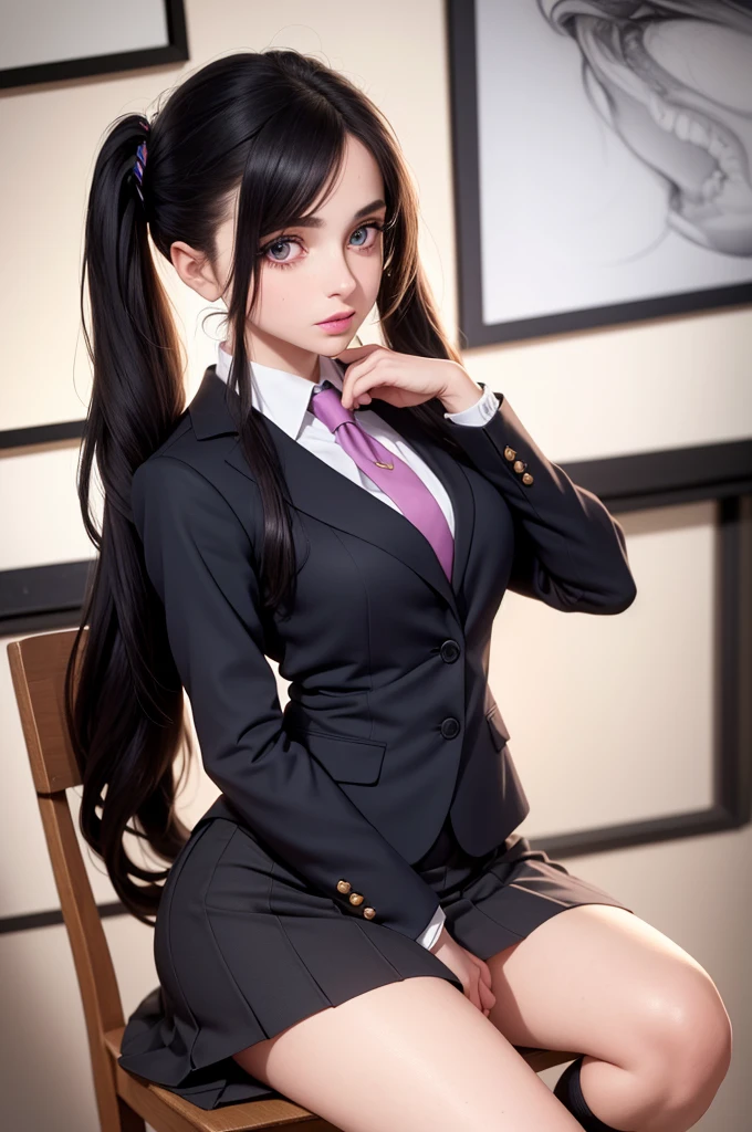 A girl in a detailed university anatomy club scene, beautiful detailed eyes, beautiful detailed lips, extremely detailed face and eyes, long black hair in twintails, wearing a private university uniform with a blue blazer, tie, and tight skirt followed by knee-high socks, big fit ass, gazing at viewer with a sweet look, seated in a chair inside a closed room with a blackboard full of drawings of the human body, (best quality, hyperrealistic, 4k, 8k, highres, masterpiece:1.2), ultra-detailed, (realistic, photorealistic, photo-realistic:1.37), HDR, UHD, studio lighting, ultra-fine painting, sharp focus, physically-based rendering, extreme detail description, professional, vivid colors, bokeh, portraits