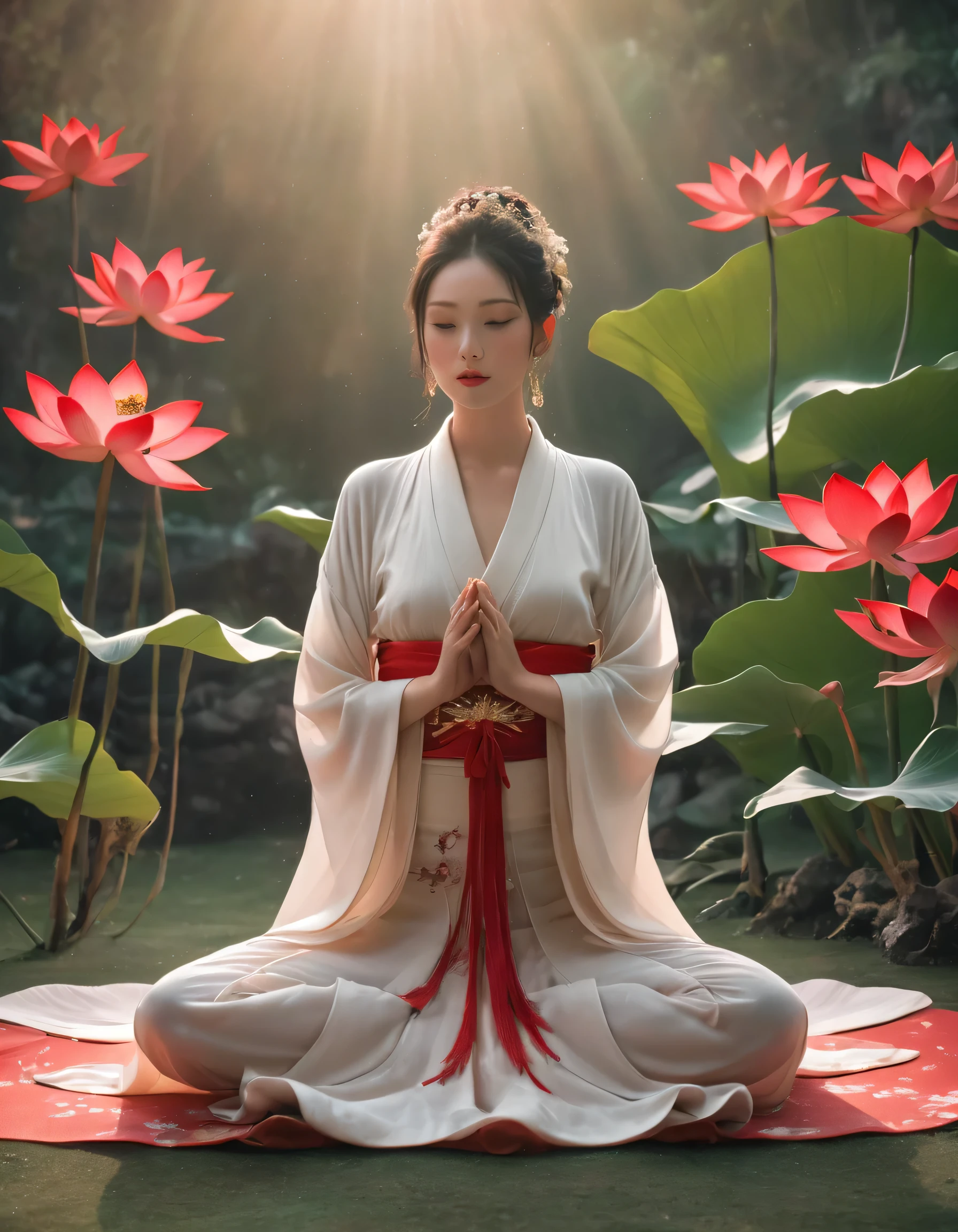 Full-body photo of a courtesan in lotus position,Praying with palms together、Anatomically correct,born, Cinematic shots, (Sharp focus:1.5), (Realistic:1.4), dusk lighting, (Look this way)、(Front facing)、((Less exposed skin)),Volumetric lighting, Ultra-high resolution, 16K,Dramatic lighting, Abstract background:1.5)(Tangleた,Datura stramonium,Holding a heart light in your hand、Tangle,Intertwined:0.7)witch,((Red kimono)), Foxfire spells, conversion, Depth of written boundary, A fantastic atmosphere, The most beautiful form of chaos, Elegance, Fauvist Design Dark Theme, flowers of death, flowers of ecstasy,Glowing Lines,Glow Example,Tracking example,flash, Backlight,translucent,Particles of light,hill,exit
