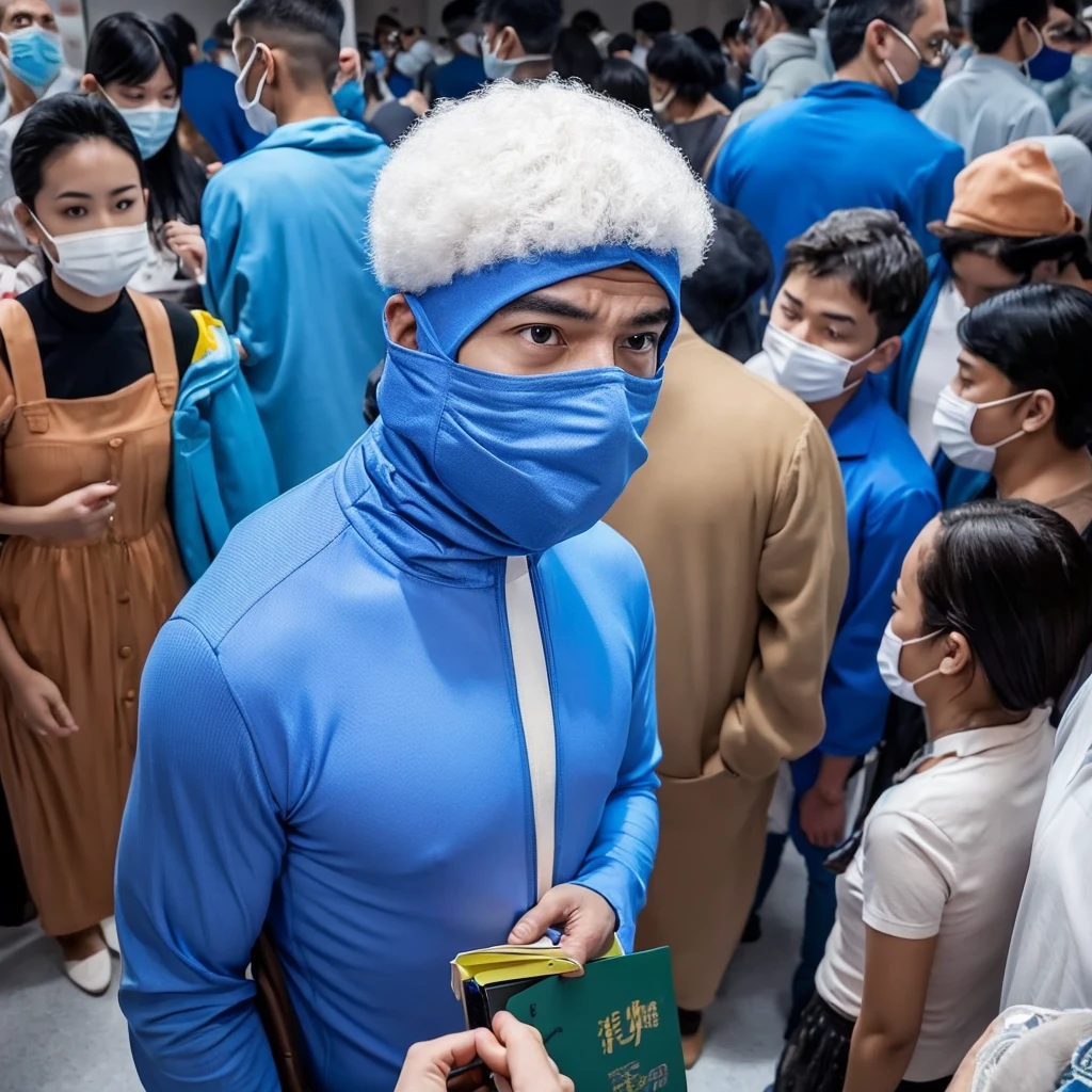 A detailed digital painting of a man representing the MBTI Consul (ESFJ) type. He is wearing a blue outfit, symbolizing his sociable and caring nature. The man has a troubled expression, showing signs of stress or concern. The background should be subtle, focusing on his emotional state. Include elements that indicate he is overwhelmed by social expectations or the needs of others, such as a crowded room or people seeking his help.