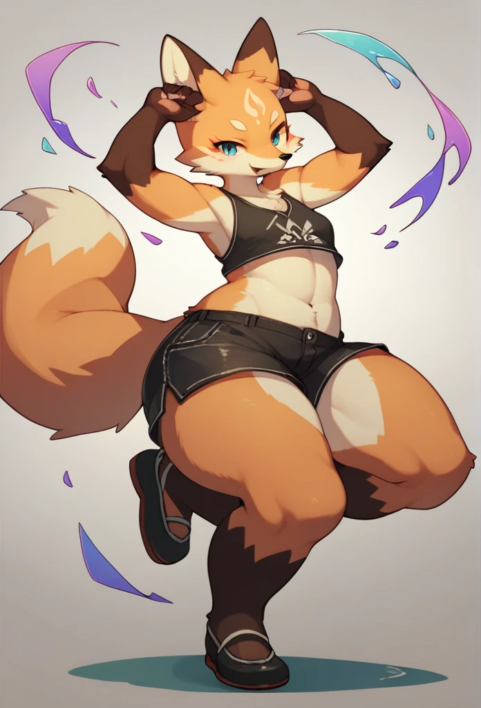 top quality, 1930s cartoon beauty, absurdres, perfect anatomy, kemono, solo focus, furry anthro, fox facial features, fox body features, very detailed body fur, full body, wearing black shorts, thick thighs, dancing pose,