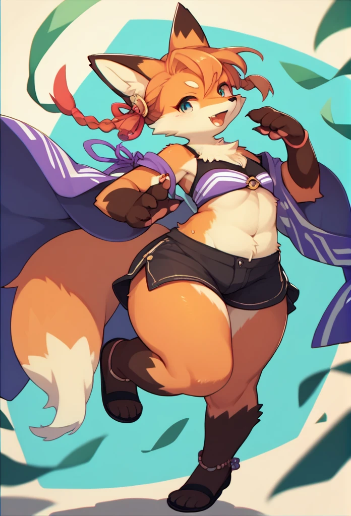 top quality, 1930s cartoon beauty, absurdres, perfect ???????, kemono, solo focus, furry anthro, fox facial features, fox body features, very detailed body fur, full body, wearing black shorts, thick thighs, dancing pose,
