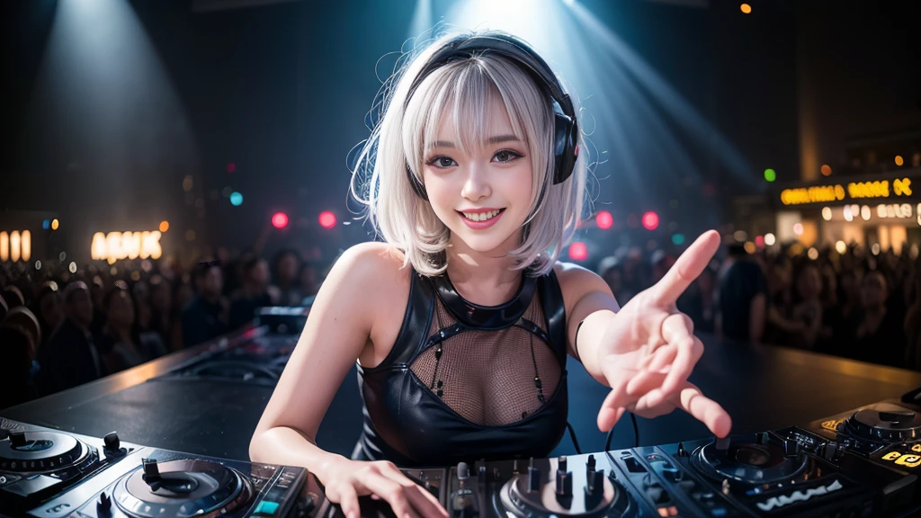 (ultra - detailed, 16K resolution, Cinema lenses, rendering by octane), (high resolution:1.18), intricate detail, (masterpiece:1.1), (highest quality:1.1), (1girl, portrait, white hair, blue eyes, short hair, detailed eyes),Wearing silver DJ headphones, Shiny silver sequined T-shirt, (Iconic hip-hop pop costumes:1.3), Smile while DJing on stage, full body shot of, The spotlight shines on the female DJ. Photorealistic photography by Disco Lighting, (cute round face:1.3), perfect fingers, five fingers, beautiful hands, perfect hands. master peace, cute smile.