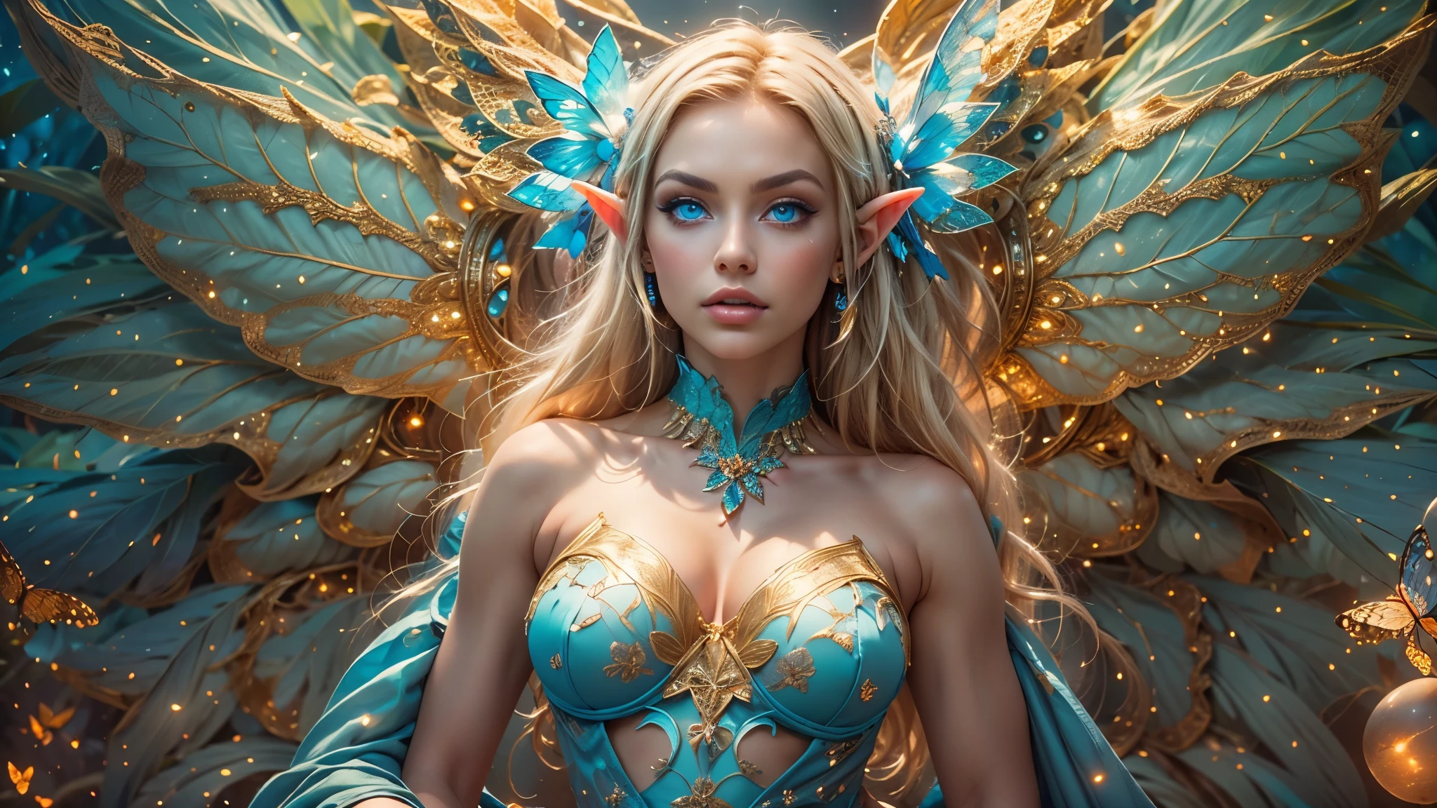 (Beautiful woman, detailed makeup, detailed facial features, Glowing blue eyes,  expression, blonde hair, :1.3, realistic elf ear, four fingers on each hand, detailed fingers, proportional hands, massive butterfly wings in the center of her back attached between the shoulder blades, detailed proportional body, thin body, toned muscles, sitting, detailed proportional legs, , shaved legs), (silk bustier, scrunch , see through lace:1.3), (oak forest, calm lake, stary sky, moon light, fantasy setting, orbs), (golden ratio, Best Quality:1.4), (Ultra-detailed), (extremely detailed CG unified 8k wallpaper), (Highly detailed, RAW Photos, Professional Photography:1.4), plein air, Illumination, (Super fancy photos:1.4), (Dazzling light), Radiant Photography, depth of fields, 