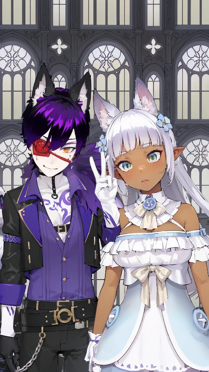 hentai. Evil. blowjob cum. A woman with white hair with white fox ears on her head sucks on the white penis until milk comes out of the white-skinned man with black hair with purple streaks in the image 