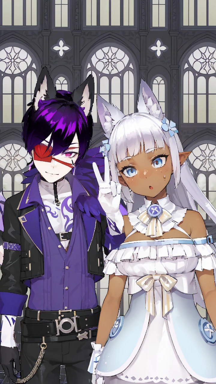 hentai. Evil. blowjob cum. A woman with white hair with white fox ears on her head sucks on the white penis until milk comes out of the white-skinned man with black hair with purple streaks in the image 