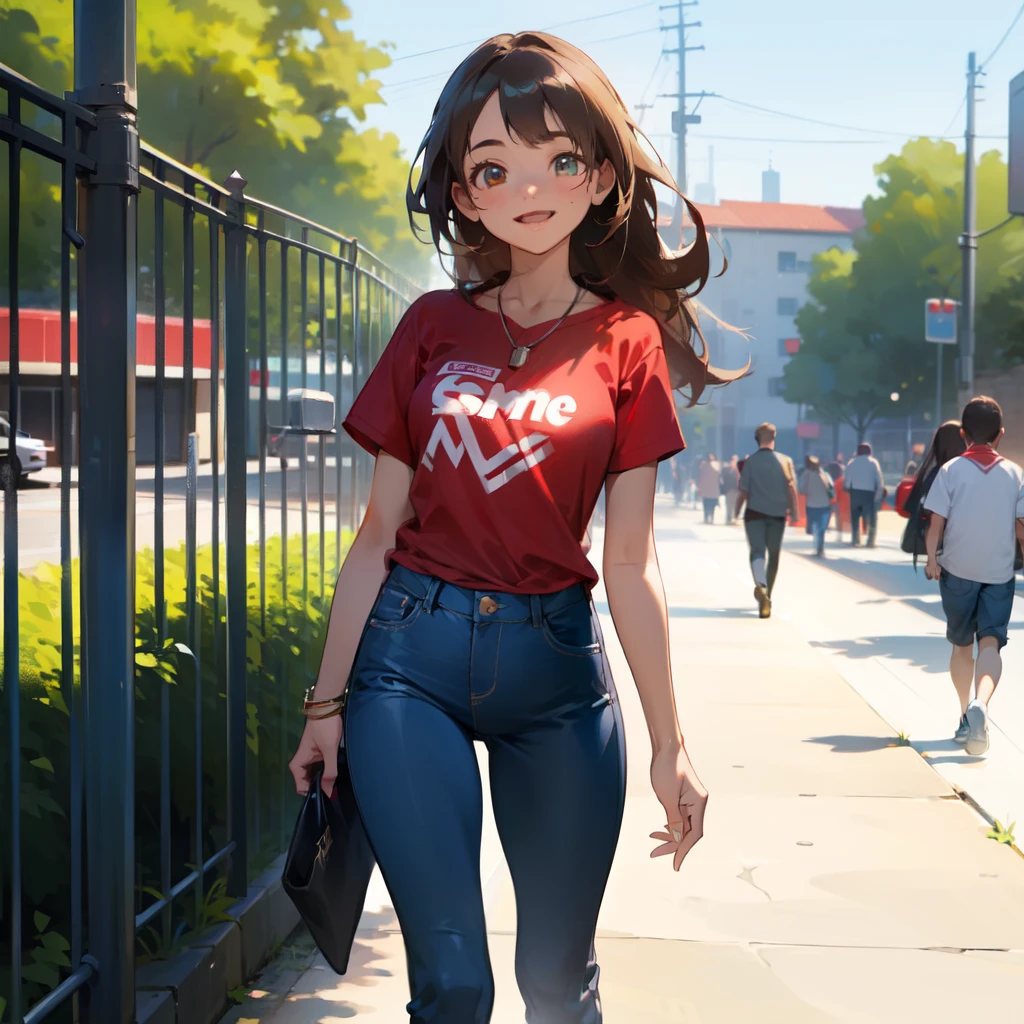 A highly detailed and realistic depiction of a young girl standing outdoors on a sunny day. She has light brown skin, long black hair tied back, and a friendly smile. She is wearing a red T-shirt with the "Supreme" logo in white across the chest, a necklace with a small pendant, blue jeans, and dark blue sneakers. The background shows a blurry street scene with people and a green fence, suggesting an urban or school environment. The lighting is natural, indicating it’s daytime. The image should be photorealistic and highly detailed, capturing the girl's cheerful expression and casual attire.