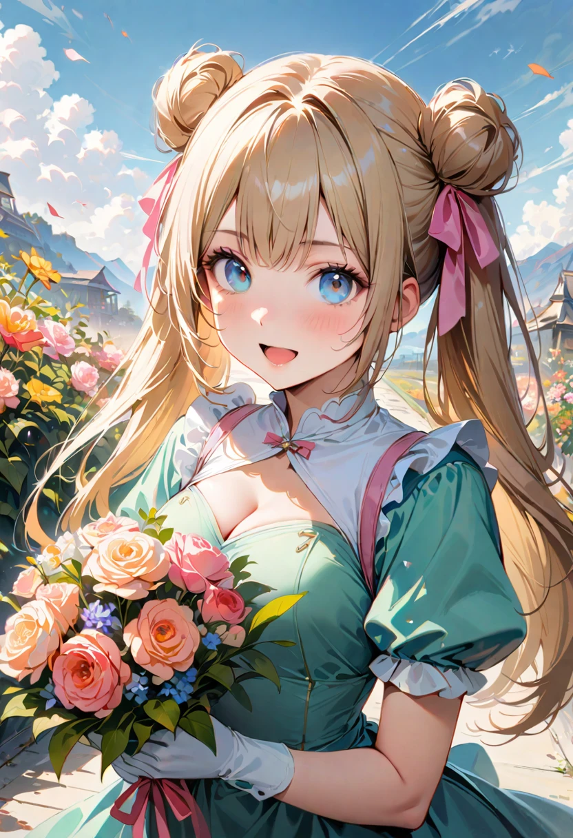 30 years old,1 girl,hyperrealistic, 8k, (extremely detailed 8k), (very delicate and beautiful), (masterpiece), (better quality:1.0), (ultra high resolution:1.0), (masterpiece, best quality), cute,blonde,cleavage cutout,(broen dress:1.3),(crop top navel:1),gleaming skin,twintails,twin bun,a pink ribbon on the head,long hair,pastel green frill Chinese-made dress,white long gloves,hold a bouquet of flowers,face and body straight at the camera,a bunch of flowers,POV,bust shot,white frill,puffy sleeves,surrounded by flowers,laugh with open mouth,tareme,sky blue eyes