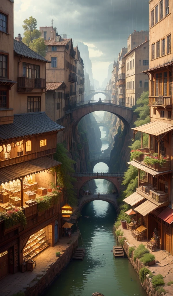 ((Masterpiece)),((Best Quality)),((high detail)),((realist,))
Industrial era city, deep canyons in the middle, architectural streets, bazaars, bridges, rainy days, steampunk, european architecture